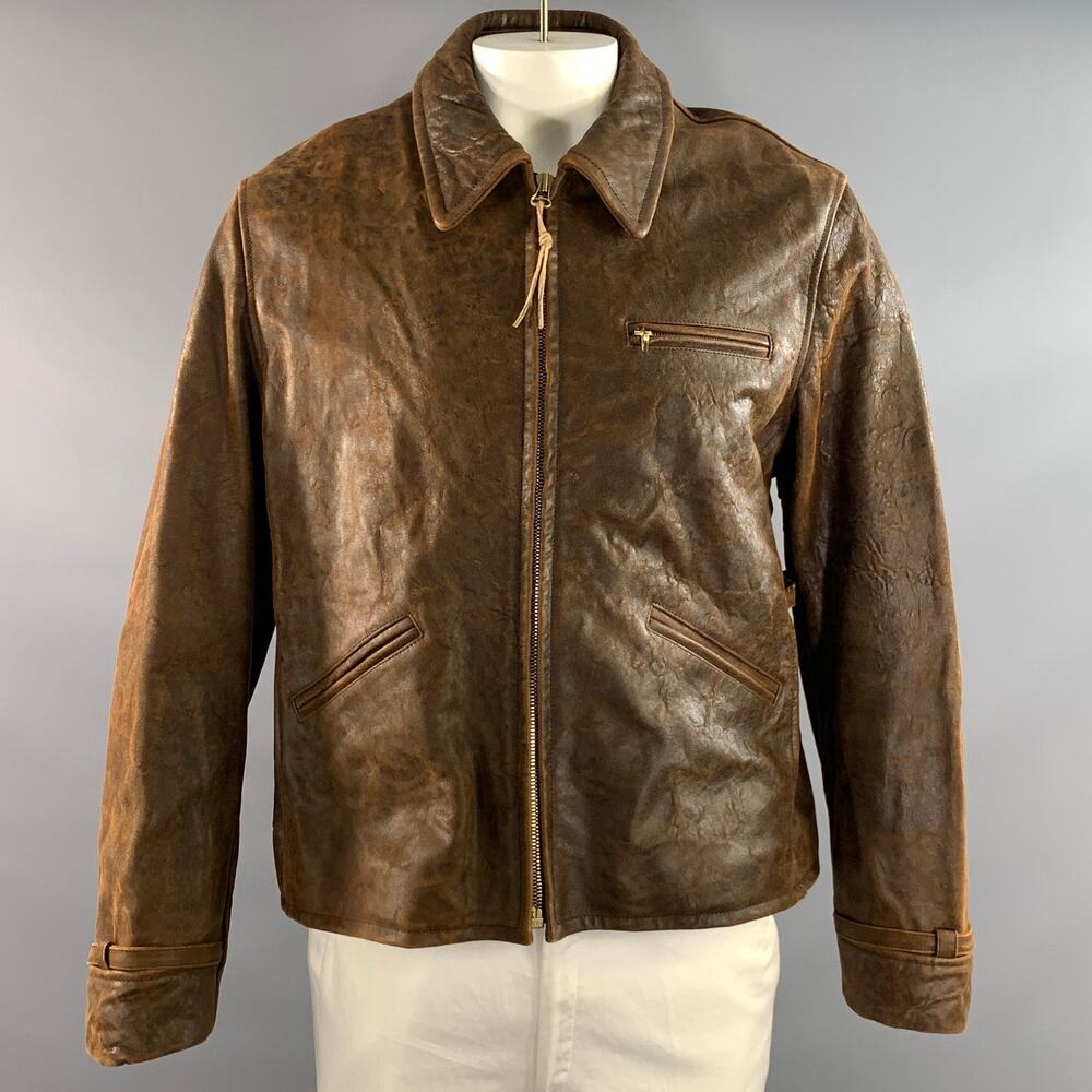 VISVIM Size L Brown Distressed Leather Zip Up Jacket